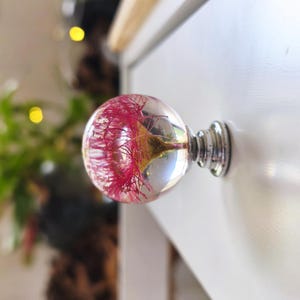 May include: A clear, spherical drawer pull with a pink, feathery botanical design encased within. The pull has a silver-coloured metal base and is mounted on a white drawer. The design is visible through the clear glass.