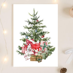 Cartão de árvore de Natal para download - Cartão de Natal digital em aquarela - Cartão de Natal exclusivo para impressão - Cartão de felicitações sazonais - Cartão editável