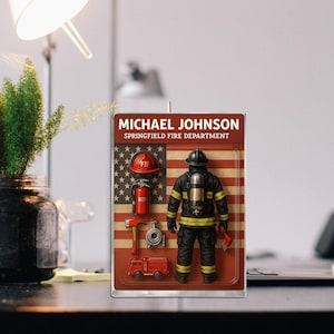 Custom Firefighter Acrylic Block Plaque – Personalized Action Figure Style Gift for Dad, Husband, or Hero Fireman