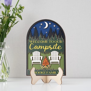 Personalized Campsite Sign – Custom Fire Pit or Camper Sign with Family Name, Happy Camper Outdoor Decor