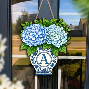 Personalized Hydrangea Chinoiserie Vase Monogram Door Hanger, Blue and White Floral Spring Summer Door Sign