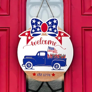 Letrero de bienvenida para el 4 de julio, Día de la Independencia, decoración patriótica para el porche, con detalles en rojo, blanco y azul.