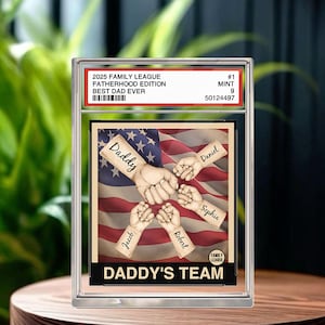 Placa de bloque de acrílico personalizada, estilo tarjeta coleccionable con el equipo de papá, papá e hijos, regalo para papá o esposo en el Día del Padre.