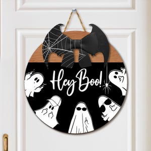 Accroche-porte Halloween Hey Boo Décoration pour porte d'entrée en bois Couronne de signe fantôme