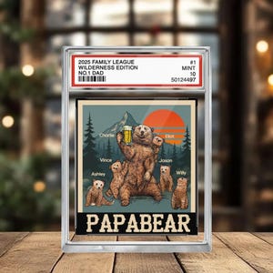 Plaque personnalisée en acrylique, papa et enfants, style carte à collectionner rétro Papabear, cadeau pour papa le jour de la fête des pères