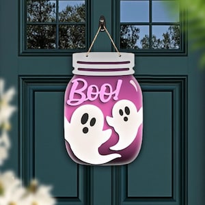 Halloween Mason Jar Door Hanger Ghost and Pumpkin Welcome Sign Spooky Front Door Decor for Fall Porch or Wall