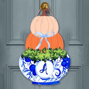 Chinoiserie Pumpkin Door Hanger Fall Front Door Sign Blue White Autumn Vase Decor Thanksgiving Porch Accent