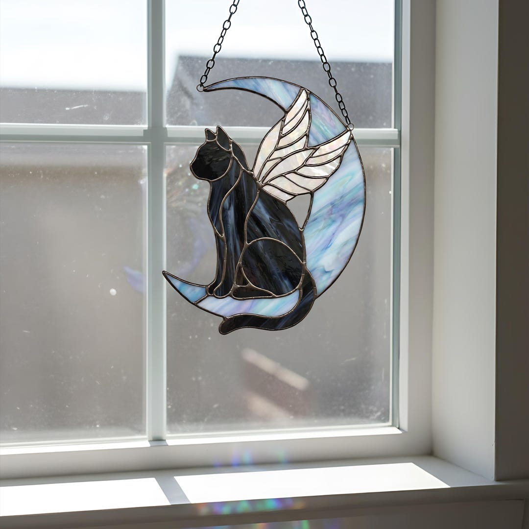 Stained Glass Cat Angel Suncatcher, Pet With Wings on the Moon Window ...