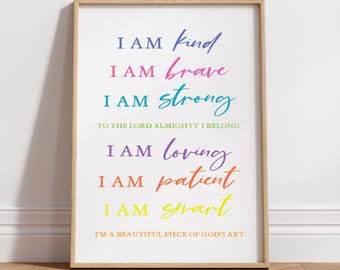 I am Kind, Christian Motivation, Biblical Wall Art, Affirmation Wall Art, Children's Wall Art, Daily Christian Affirmations Kids, Rainbow