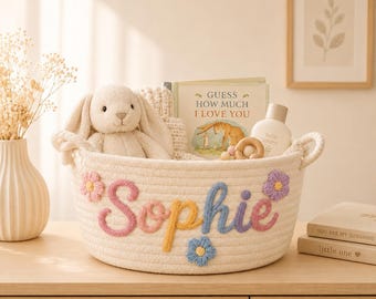 Personalized Handmade Basket • Baby Shower Gift • Toy Organizer • I-Cord Knitting Craft