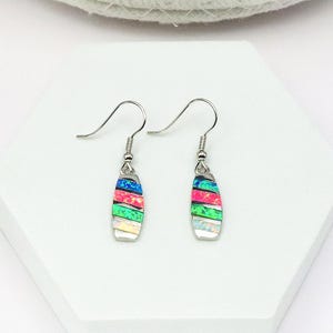 May include: A pair of silver-toned earrings with a colorful, striped design. Each earring features a vertical, oval-shaped pendant with bands of blue, pink, green, and white. The earrings have a hook closure.