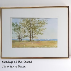 Silver Sands Beach, Connecticut Shore, original watercolor landscape, Coastal Scene, original art.