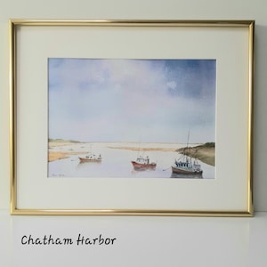 Chatham Harbor, Cape Cod, Fishing Boats, original art, original watercolor landscape.