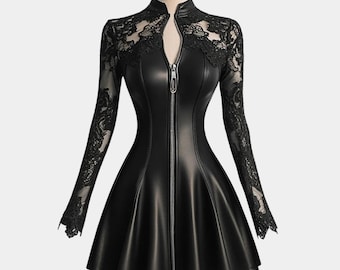 Sexy mini-feestjurk met lange mouwen en rits, kanten jurk van pu leer met patchwork taille-cinching