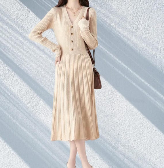 Merino Wool Knit Sweater Dress, Cashmere V-Neck, Button Front