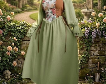 Groene A-lijn jurk met bloemen ruches, vierkante hals boho-stijl met lange mouwen