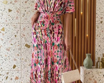 Jurk dames bedrukte v-hals vleermuismouwen ruches taille en vissenstaart zoom maxi-outfit