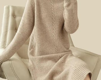 Lange wollen truijurk, hoge hals kasjmier gebreide jurk tot over de knie, grote maten warm dik shirt