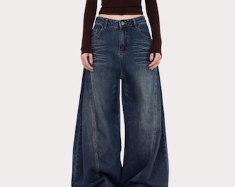 Y2k dames zwarte patchwork baggy jeansbroek wijde pijpen casual katoenen spijkerbroek