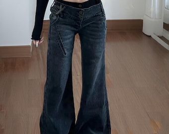 Y2K jeans met hoge taille wijde pijpen, retro microflare broek