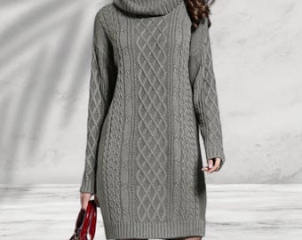 Dames gebreide winterjurk met lange mouwen, effen knielange ruimvallende truijurk, vrouwelijke oversized jurken 4XL