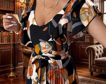 Maxi-jurk met veelkleurige bloemenprint, A-lijn met boho-bloemblaadjesmouwen en ruches