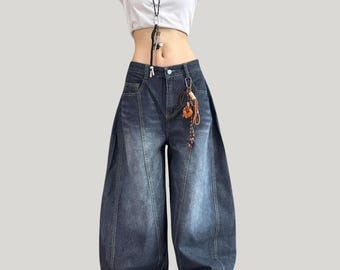 Y2K baggy cargojeans, blauw gewassen high Street-denim