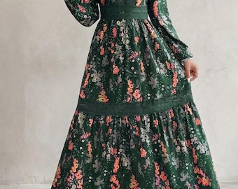 Maxi-jurk met botanische print en kanten split – jurk met lange mouwen en geplooide taille – elegante vakantie-outfit