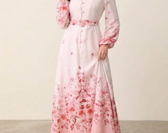 Floral Mock Neck Belted A-Line Dress, Elegant Long Sleeve Flared Fall Dress