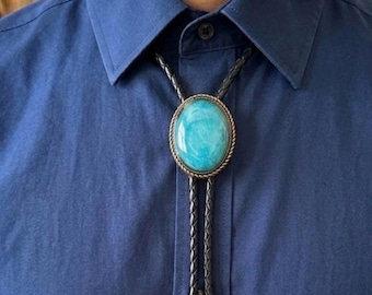 Hand-Painted Turquoise Western Bolo Tie – Distressed Cement Stone, Bronze Hardware, Braided Leather Cord