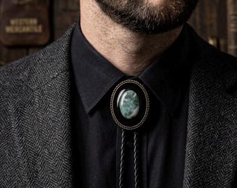 Corbata bolo vintage de ágata musgosa – Corbata western hecha a mano, cordón de cuero trenzado