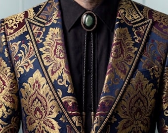 Moss Green Gem Stone Bolo Tie Men – Handcrafted Western Necktie, Braided Leather Cord