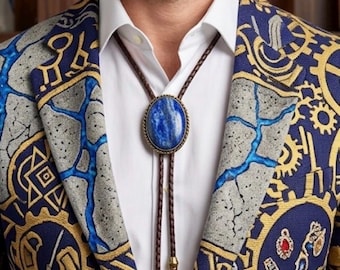 Corbata bolo de lapislázuli personalizada – Piedra ovalada, cordón de cuero marrón, estilo western