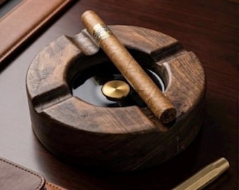 Cenicero de madera personalizado para puros, soporte redondo grande para un solo puro, incrustaciones de resina y pan de oro, regalo para padrinos de boda, accesorios de lujo para puros, torneado a mano.