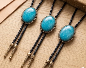 Set of 3 Handcrafted Turquoise Bolo Ties – Distressed Cement Stone, Antique Brass Western Neckwear