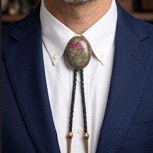Handcrafted Ruby Zoisite Bolo Tie, Oval Green Pink Stone, Antiqued Brass, Braided Cord Necktie