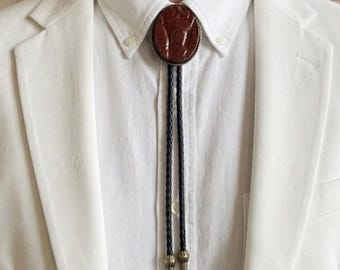 Dark Red Distressed Concrete Bolo Tie, Braided Leather Cord, Bronze Tips, Industrial Western Style