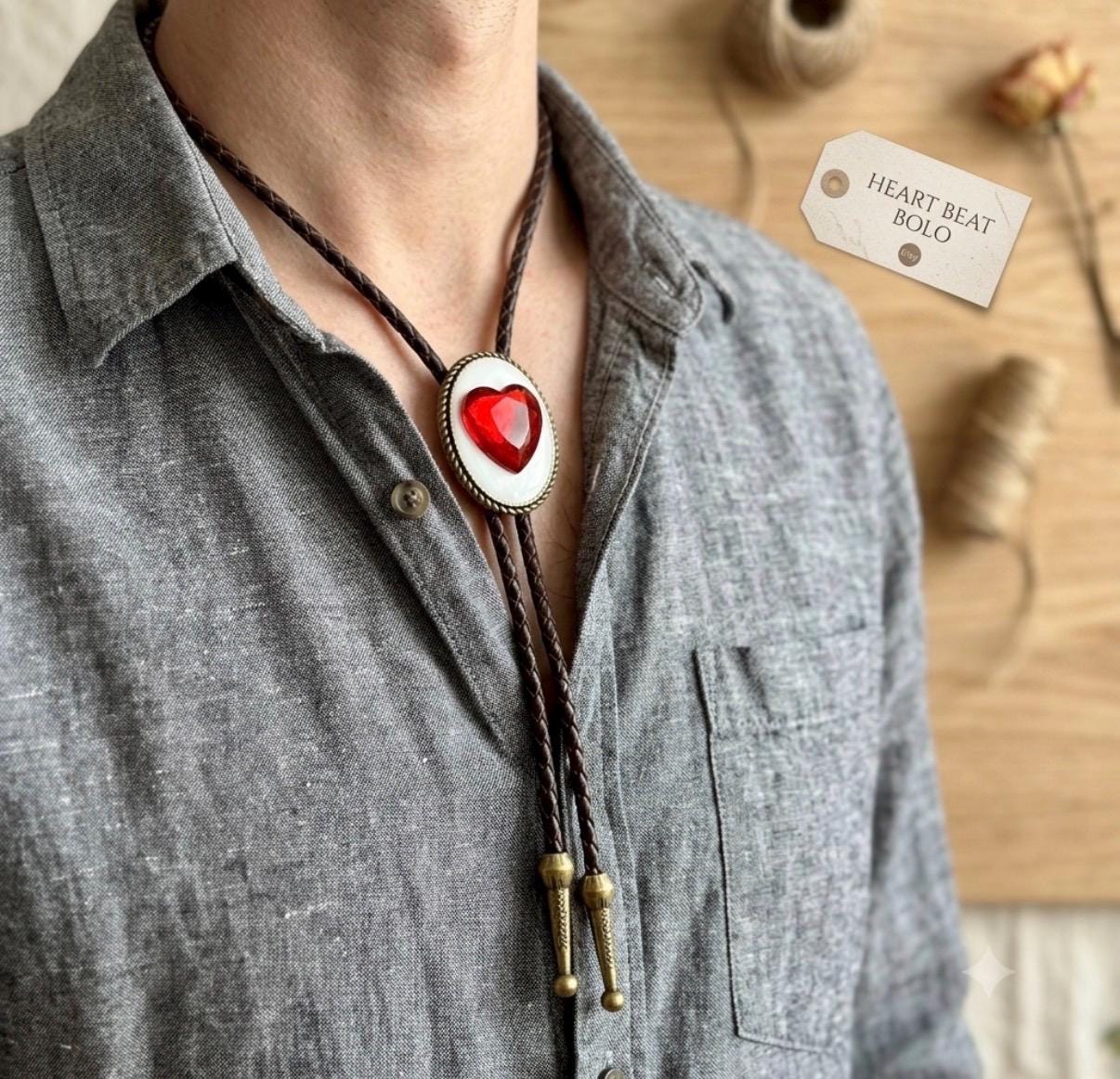 Red Heart Bolo Tie, Western Gothic Wedding Necktie, White Resin Bezel, Leather Cord