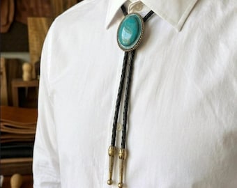 Hand-Painted Western Turquoise Bolo Tie – Distressed Cement Stone, Bronze Hardware, Leather Cord