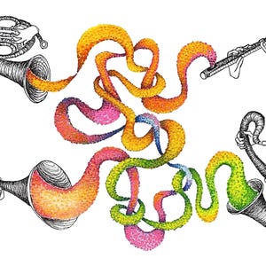 May include: Illustration of musical instruments including a French horn, flute, trumpet, and saxophone. The instruments are black and white, with colorful, swirling lines emanating from them. The lines transition through shades of orange, pink, yellow, and green.