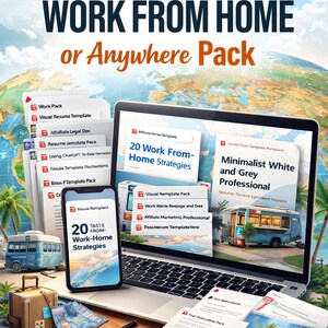 May include: A digital marketing graphic promoting work-from-home strategies. The image features a laptop, smartphone, documents, and travel items, with text that reads "Ultimate Work From Home or Anywhere Pack."