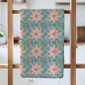 Boho Floral Tea Towel for Kitchen | Colorful Mandala Flower Dish Towel | Bright Cottagecore Gift for Hostess, Airbnb, Housewarming