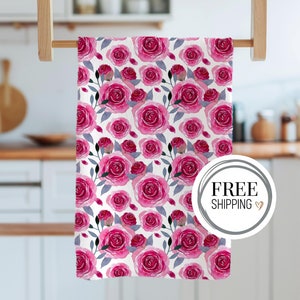 Floral Tea Towel with Pink Rose Print – Romantic Kitchen Decor Towel, Pretty Cotton Dish Towel, Rose Gift for Garden Lovers