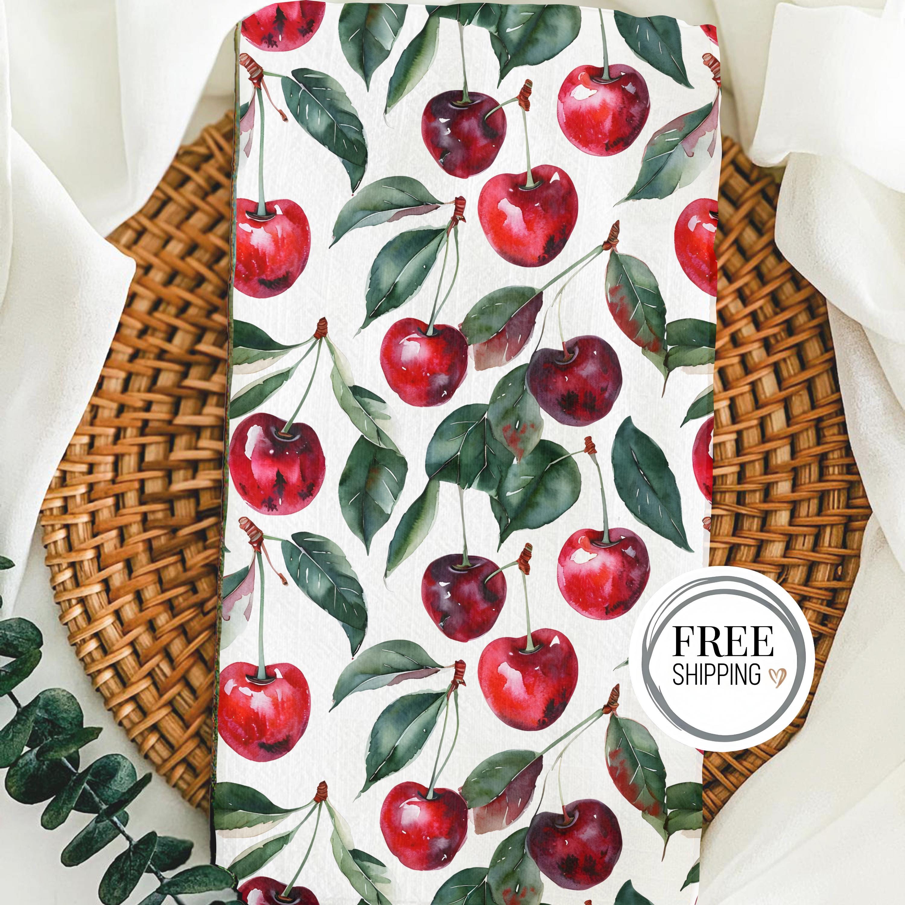 Watercolor Cherries Tea Towel, Fun Cherry Print Dish Towel, Cheery Summer Fruit Hand Towel, Practical Kitchen Gift for Friend or Family