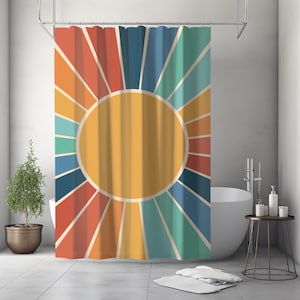 Retro Sunburst Shower Curtain | Mid Century Modern Bathroom Decor | Colorful Vintage Style Rainbow Radiant Sun Design