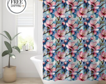 Cherry Blossom Shower Curtain – Elegant Pink Floral Bathroom Decor with Watercolor Blossoms on Blue | Spring Bath Curtain