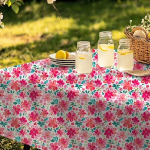 Floral Tablecloth for Spring & Summer – Bright Watercolor Flowers Table Cover, Vibrant Botanical Tablecloth for Everyday or Party
