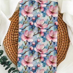 Cherry Blossom Tea Towel – Elegant Floral Kitchen Decor with Pink Blossoms on Blue Watercolor Background | Spring Hostess Gift