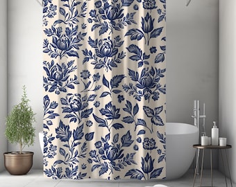 Shower Curtain – Vintage Inspired Floral Toile – Blue Botanical Bathroom Decor, French Country Cottagecore Bath Curtain for Guest / Airbnb