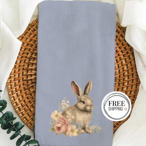 Bunny Tea Towel, Floral Spring Kitchen Towel, Cottagecore Bunny Decor, Easter Rabbit Gift, Soft Pastel Dish Towel
